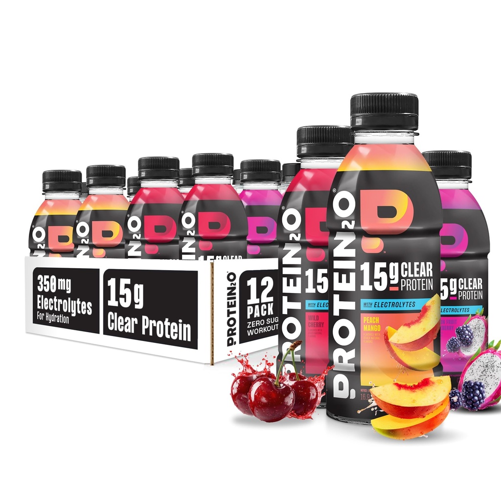 Protein2o Hydration Drink - 2-in-1 液体クリアウィープロテイン アイソレートと電解液ドリンク - 15g プロテイン、ビタミンB5、B6 - ポストワークアウトの回復 - 16.9 Fl Oz - 12 カウントフレーバーフュージョンバラエティパック