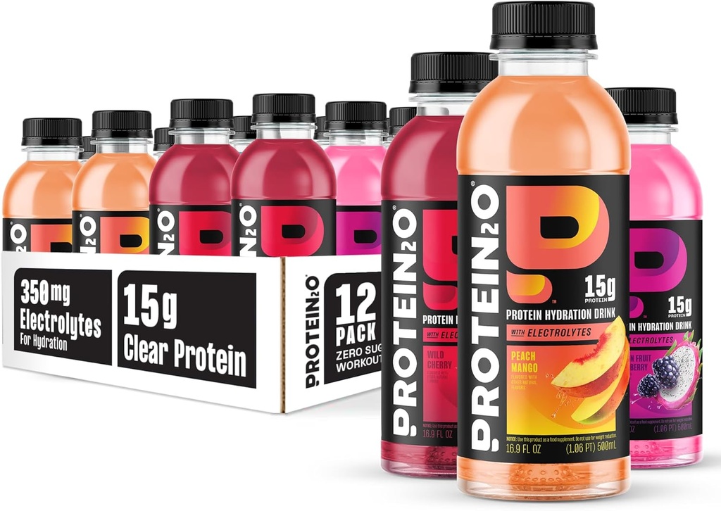 Protein2o Hydration Drink - 2-in-1 液体クリアウィープロテイン アイソレートと電解液ドリンク - 15g プロテイン、ビタミンB5、B6 - ポストワークアウトの回復 - 16.9 Fl Oz - 12 カウントフレーバーフュージョンバラエティパック