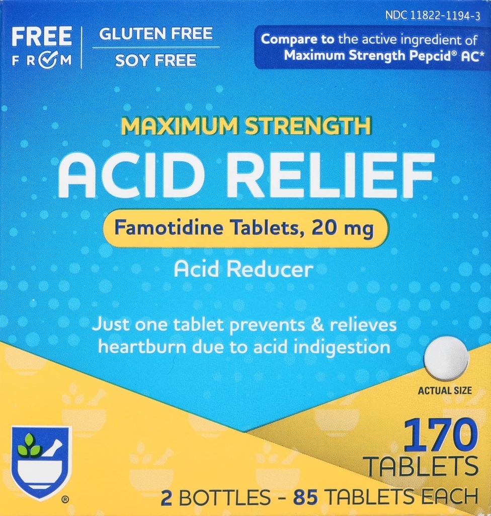 Rite Aidの酸の減力剤、最高の強さのFamotidineのタブレット、20のmg - 2のびん、85の計算それぞれ(170の計算の合計) 心燃性救助 酸の還流 蟻酸の咀嚼及びタブレット、Heartburnの咀嚼及びタブレット