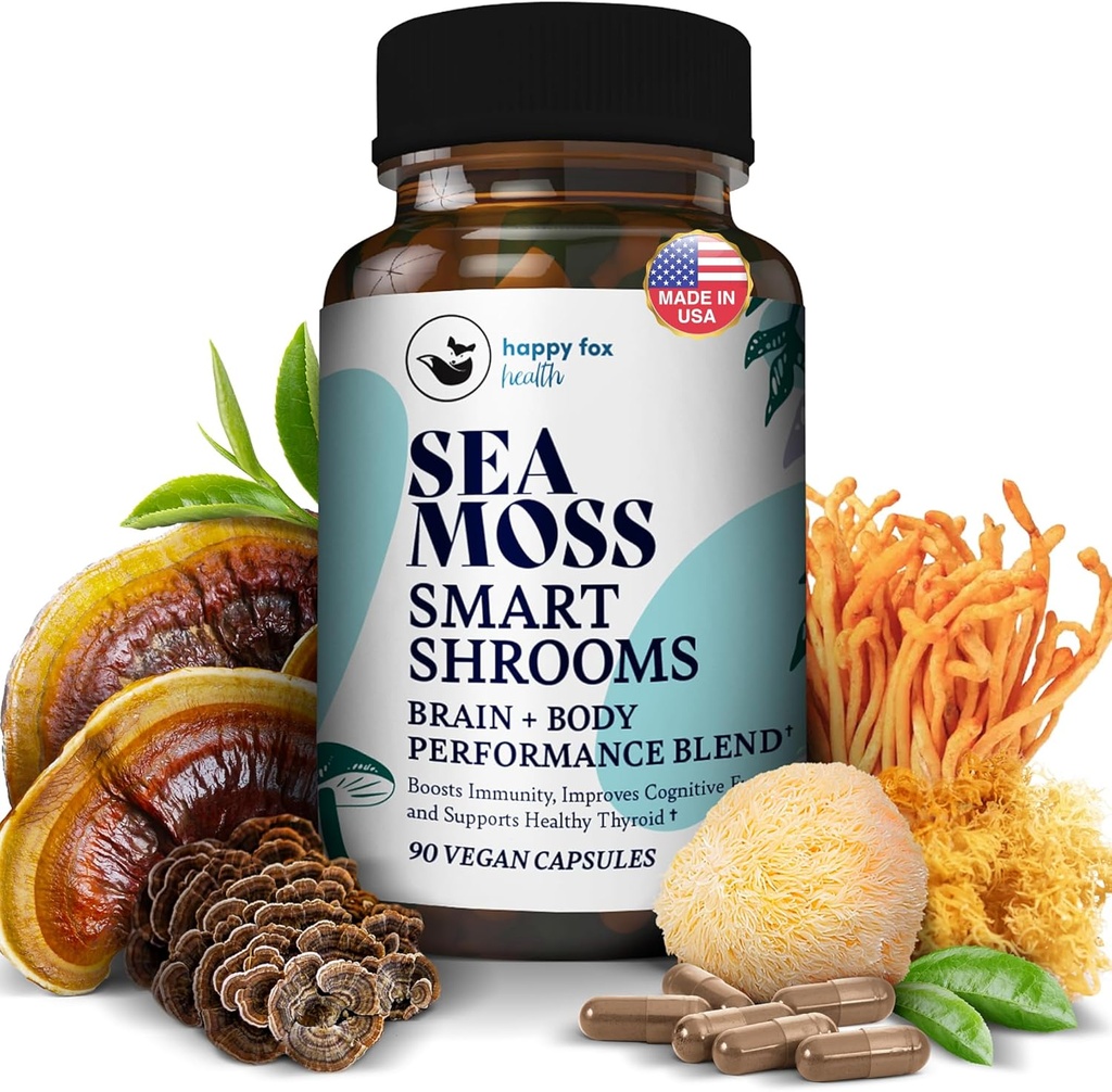 HAPPY FOX Irish Sea Moss Capsules & Mushroom Complex - Organic Seamoss with Adaptogens for Brain Health, 1500mg, 90 Vegan Capsules, Organic Mushroom Supplement