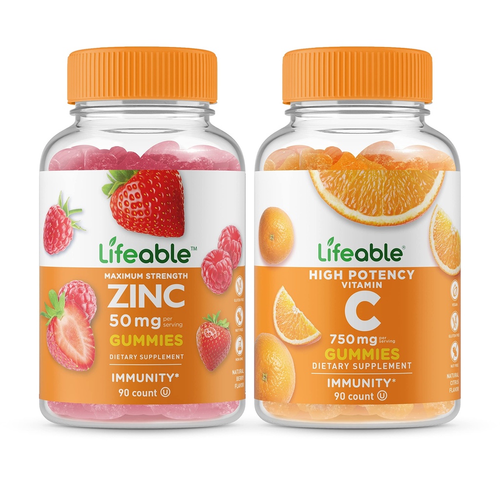 通気性亜鉛50mg +ビタミンC 750mg、ガミーバンドル - 偉大なテイスティング、ビタミンサプリメント、グルテンフリー、GMOフリー、Chewable Gummy