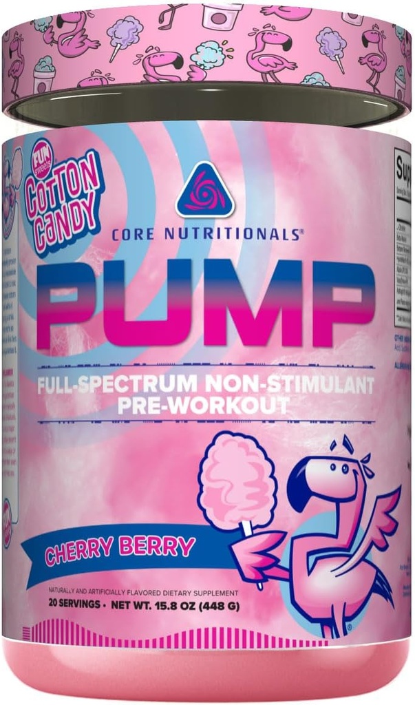 Core Nutritionals Pump Full-Spectrum Non-Stimulant Pre-Workout, with N03T Nitrate, Peak02, Alpha GPC, for Maximum Pump, Strength, and Performance 20 Servings (Fun Sweets Cotton Candy™ Cherry Berry)
