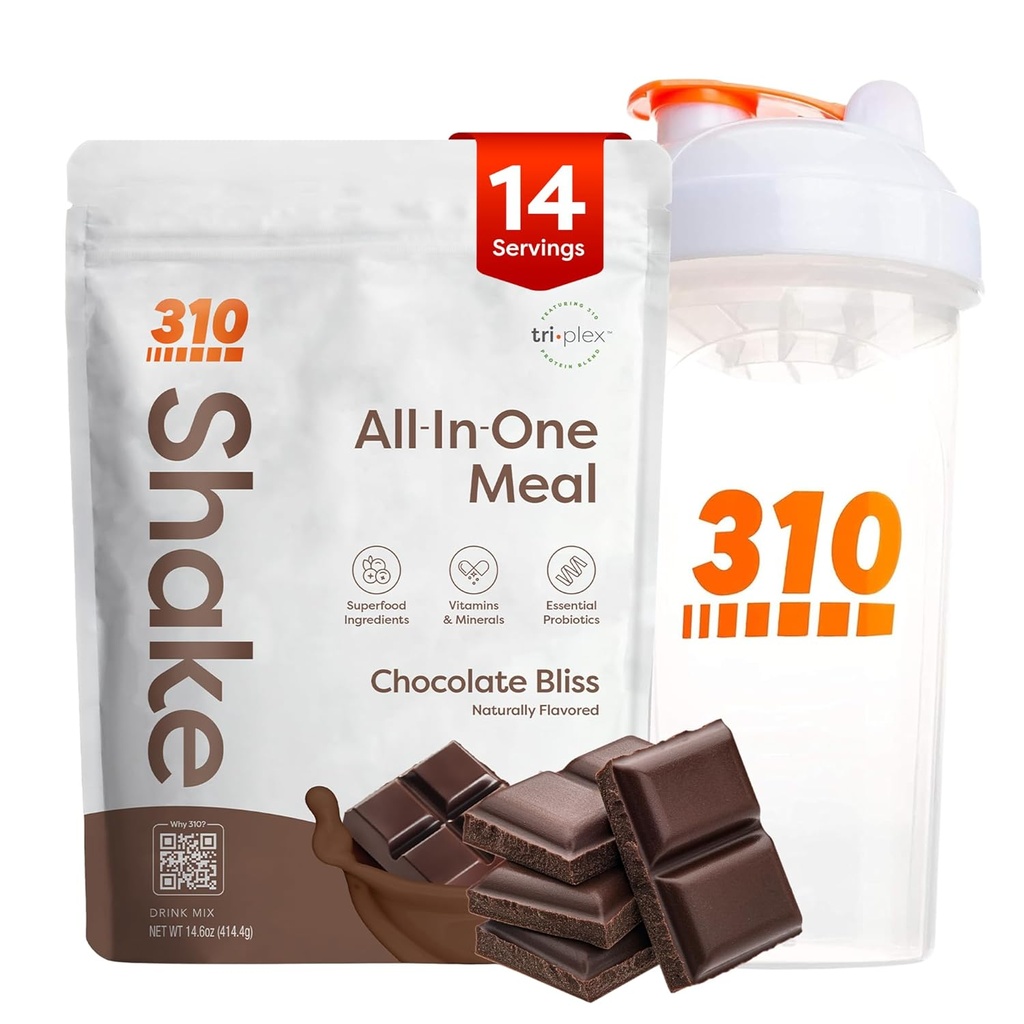 310 Nutrition All-in-One Meal Replacement Shake Powder w/Shaker Cup Starter Kit - High Protein Fiber Rich Vegan Superfood Blend - Sugar-Free, Keto & Paleo Friendly, Low Carb - Chocolate Bliss 14 srv