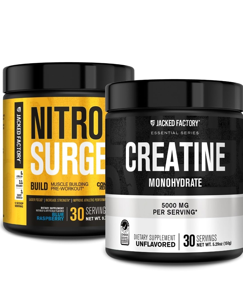 Jacked Factory Nitrosurge Build Pre Workout with Creatine for Muscle Building(30 サービング、ブルー ラズベリー)&Creatine Monohydrate Powder for Muscle Growth & Recovery(30 サービング、Unflavored)