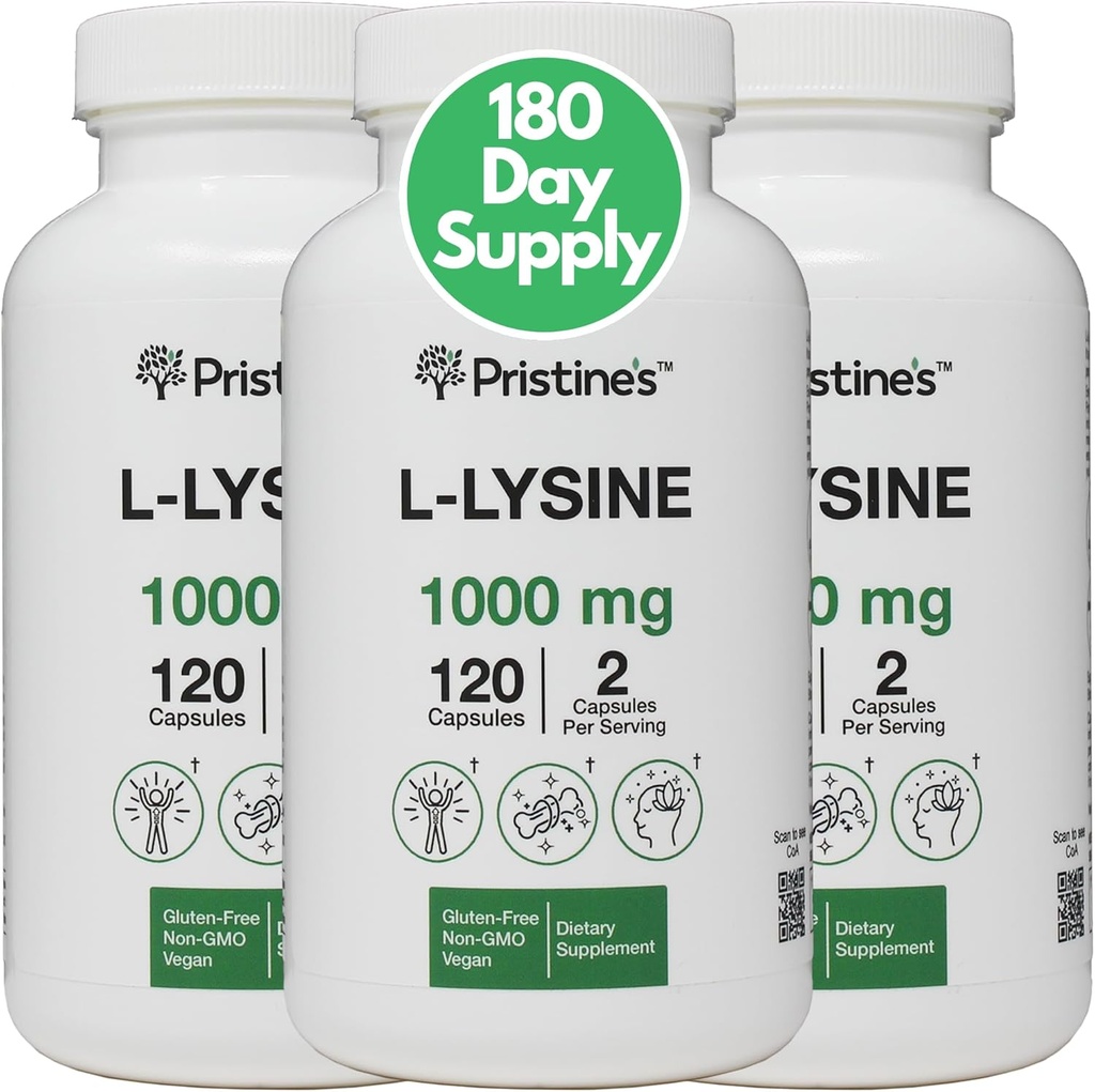 PRISTINE'S Lリジン1000mg(3パック)リップ&ガムヘルスエッセンシャルアミノ酸免疫サポートサプリメントカプセル - 180デイサプライマッスル&ティッシュサポート - コラーゲン生産 - ビーガングルテンフリー非GMO