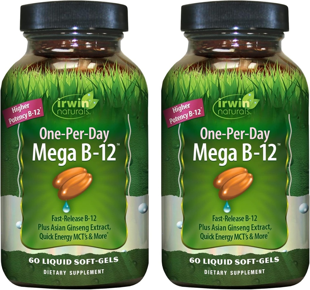Irwin Naturals One-Per-Day Mega B-12 1,500mcg High Potency Methylcobalamin Vitamin - Fast Enhanced Absorption with MCT + Asian Ginseng - Natural Energy Boost - 60 Liquid Softgels (Pack of 2)