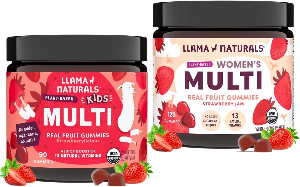 Llama Naturals Real Fruit Multivitamin Gummies | Kids & Women's 全フードベースのビタミン | No Add Cane Sugar | オーガニック、ビーガン、Chewable | 90カラット & 120カラット | Strawberry