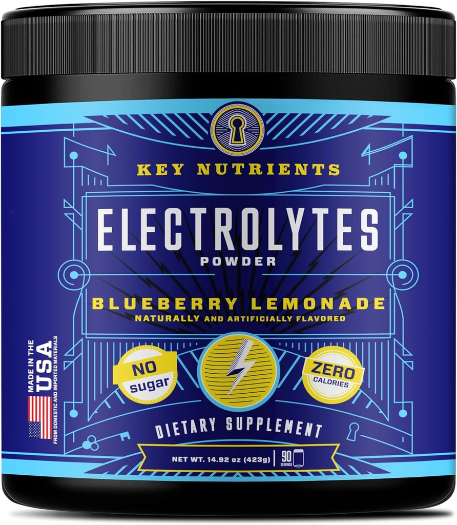 KEY NUTRIENTS Multivitamin Electrolytes Powder No Sugar - Fresh Blueberry Lemonade Electrolyte Powder - Endurance & Energy Supplement - Hydration Drink - No Calories - 90 Servings - Made in USA
