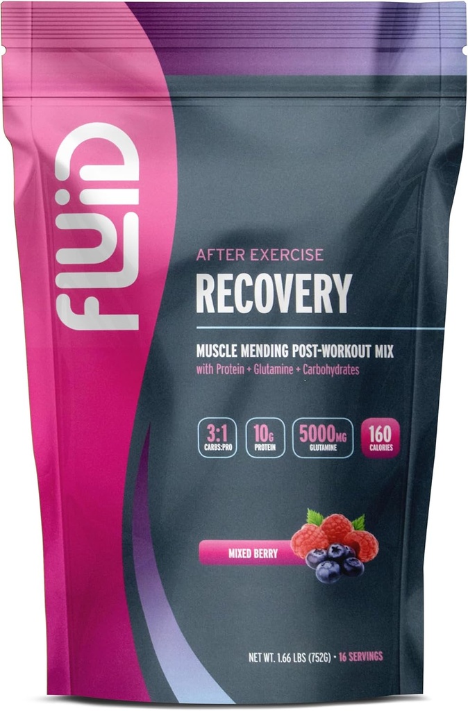 Fluid Recovery Post-Workout Drink Mix - Whey Isolate Protein, L-Glutamine, Carbs, All Natural Ingredients, Gluten-Free, Lactose-Free (Mixed Berry)