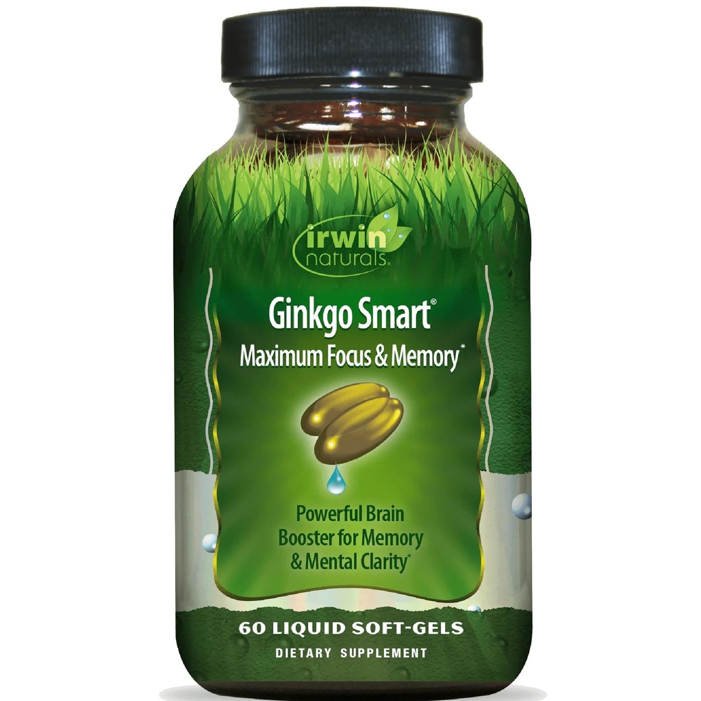Irwin Naturals Ginkgoスマート強力な向知性脳ブースター - DMAE、Clubmos、Choline、Acetyl L-Carnitineと最大メモリ、フォーカス&メンタルクラリティをサポート - 60液体Softgels
