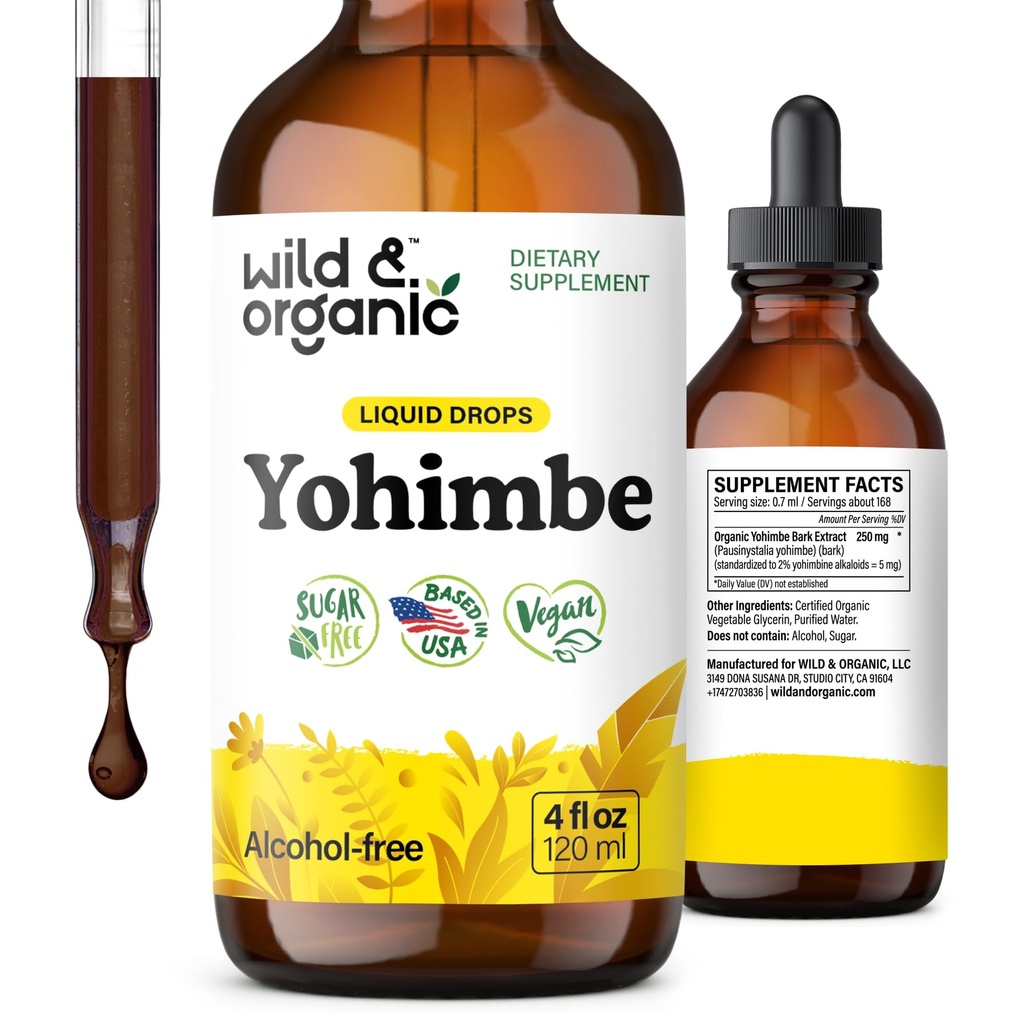 Wild & Organic Yohimbe Supplements for Men & Women - 5 mg Yohimbine Extract Tincture - Alcohol-Free Yohimbe Bark Drops - Vegan, Non-GMO & Sugar-Free - 4 fl oz