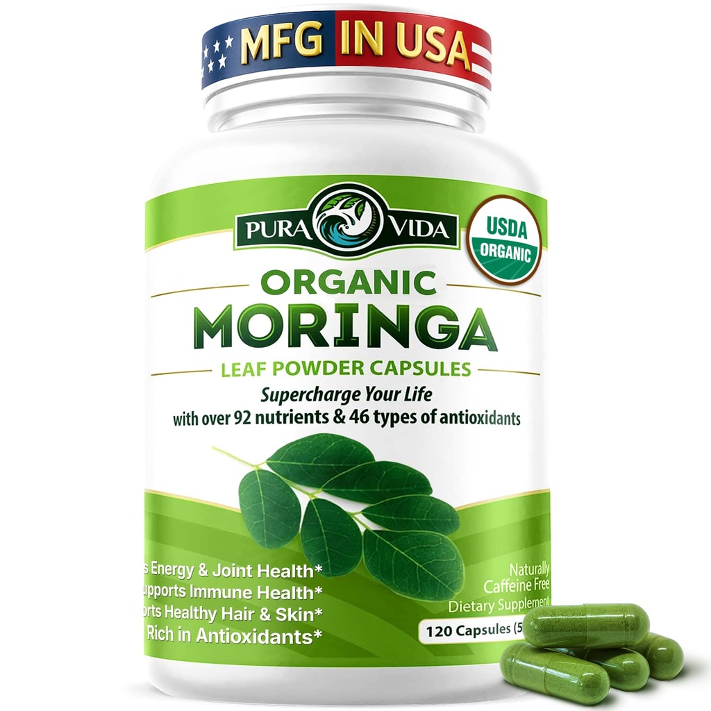 PURA VIDA MORINGAのカプセルの単一の起源のMoringaの粉の有機性。純粋なMoringaの葉。エネルギー、Metabolismおよび免除サポート。120ct。500mg帽子。