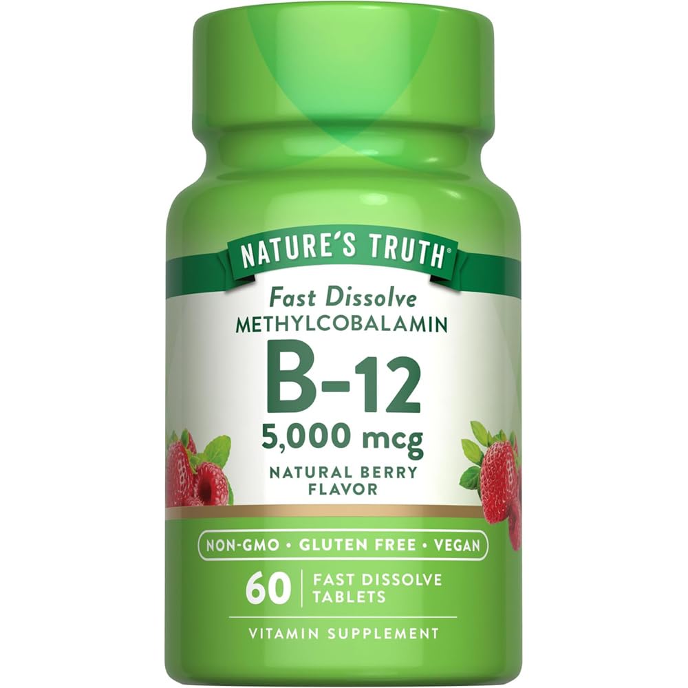 Nature's Truth B12ビタミン5000 mcg | 60錠 | 速い分解の自然な果実味 | ビーガン、非GMO&グルテンフリーサプリメント