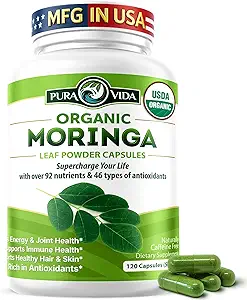 PURA VIDA MORINGAのカプセルの単一の起源のMoringaの粉の有機性。純粋なMoringaの葉。エネルギー、Metabolismおよび免除サポート。120ct。500mg帽子。