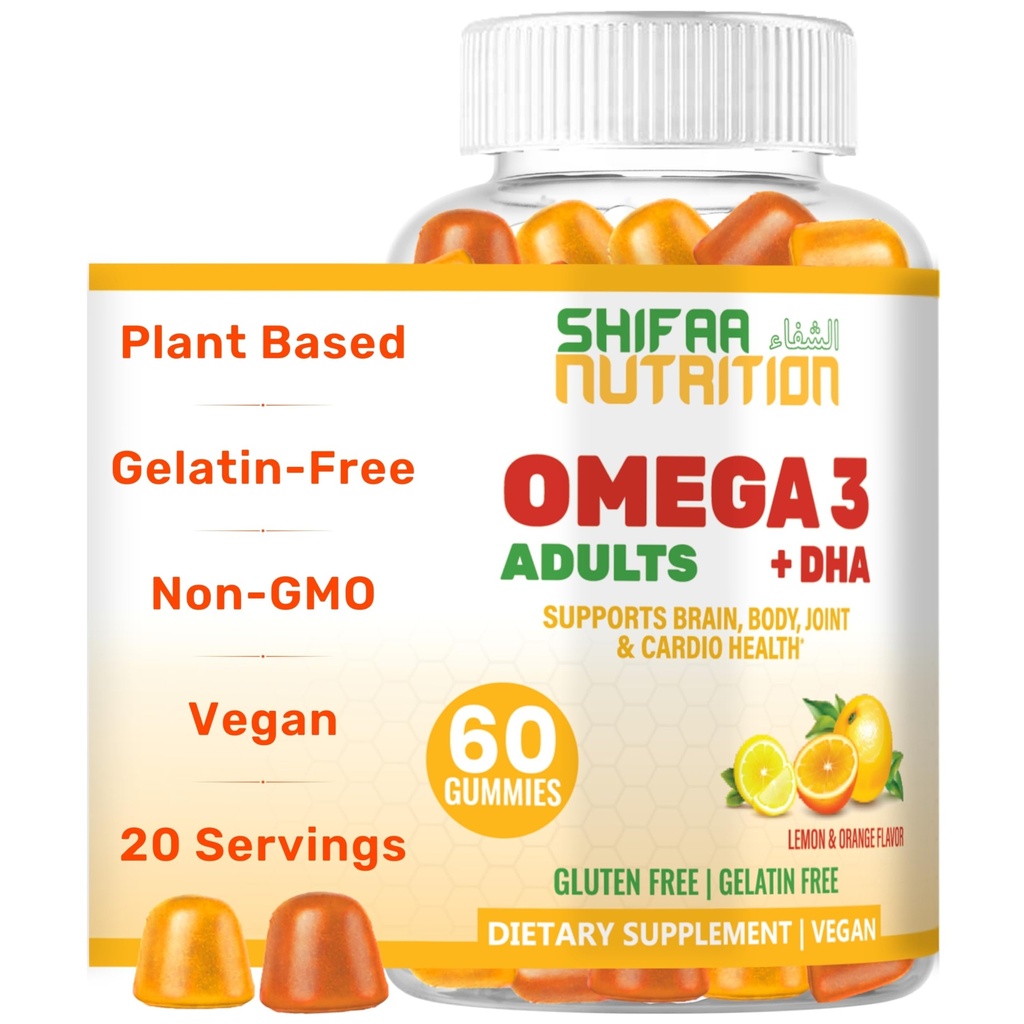 SHIFAA NUTRITION ヴィーガン オメガ 3 大人用グミリー | 魚油バープ | 60 グミリー | 植物由来 w/Chia オイル, 藻類 | オメガ 3 6 9 w/DHA, ビタミンC | 脳用, 心血管・免疫サポート ハラール
