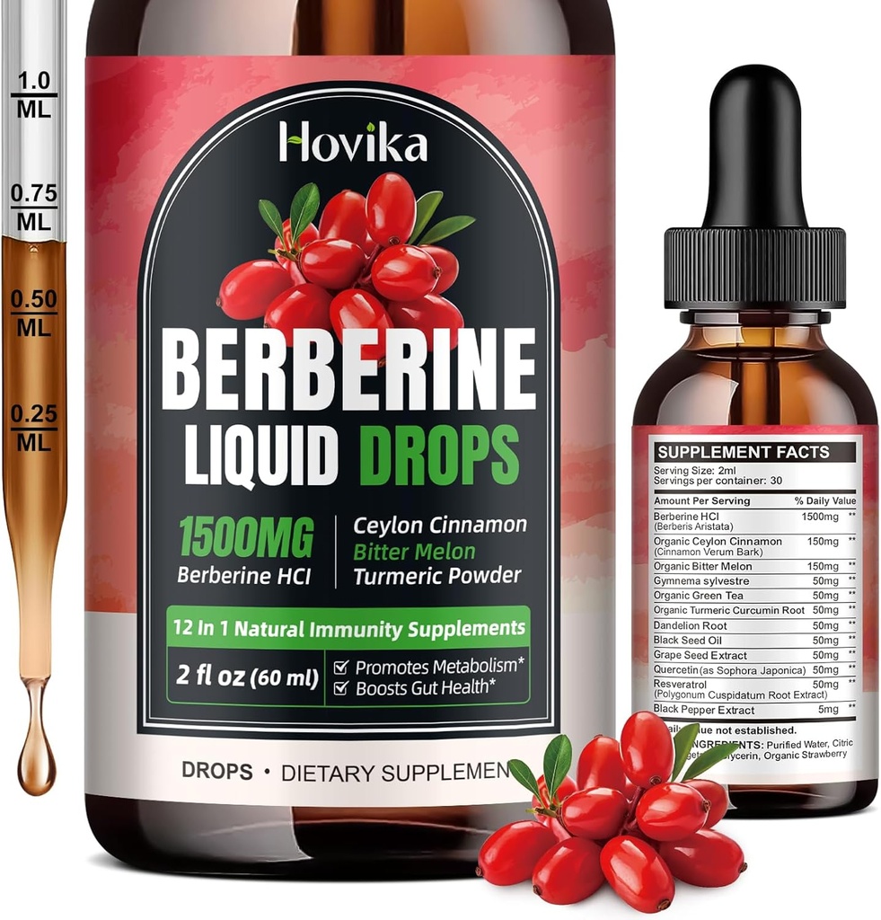 Berberine HCLの液体の低下- 1500のmg高吸収性のBerberineの液体の低下-免疫、消化システムおよび中心の健康サポートのためのBerberineのVeggieの補足、いちごの味- 2 FL Oz