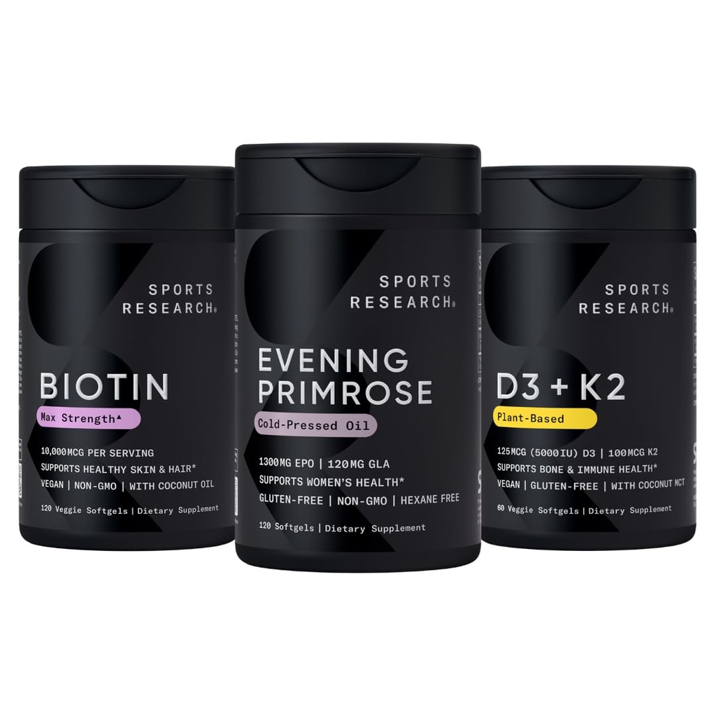 ココナッツオイルとスポーツの研究ビーガンビオチン10,000mcg, 冷間プレス油と植物ベースのビタミンK2 MK7のイブニングPrimroseサプリメント + ビーガンD3 5000iu