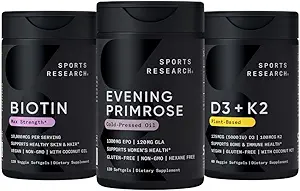 Sports Research Vegan Biotin 10,000mcg with Coconut Oil, Evening Primrose Supplement from Cold Pressed Oil and Plant Based Vitamin K2 MK7 + Vegan D3 5000iu