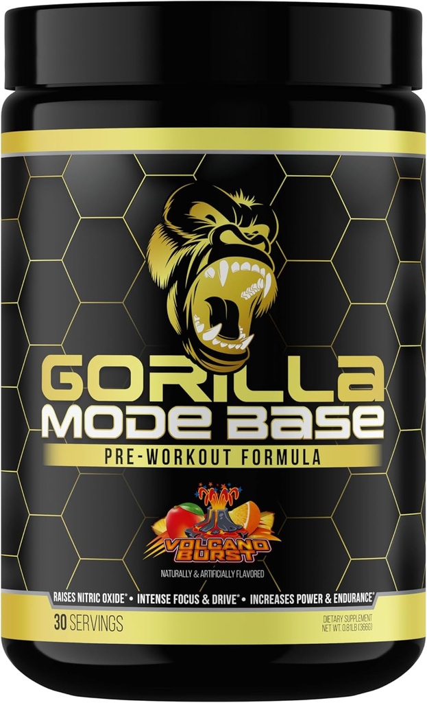 Gorilla Mind Base Pre Workout - Raises Nitric Oxide Intense Focus & Drive Endurance Power - L-Citrulline, L-Tyrosine, Betaine, Alpha-GPC, Caffeine, Huperzine A - 360 Grams (Volcano Burst)