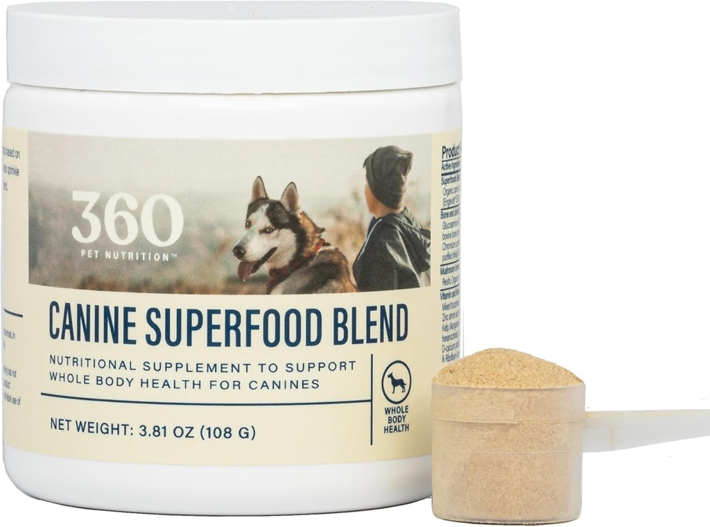 360 Pet Nutrition Canine Superfood Boost – All Life Stage Dog Meal Topper & Supplement, Supports Joint, Digestive & Immune Health, 30 Servings, Beef Flavor