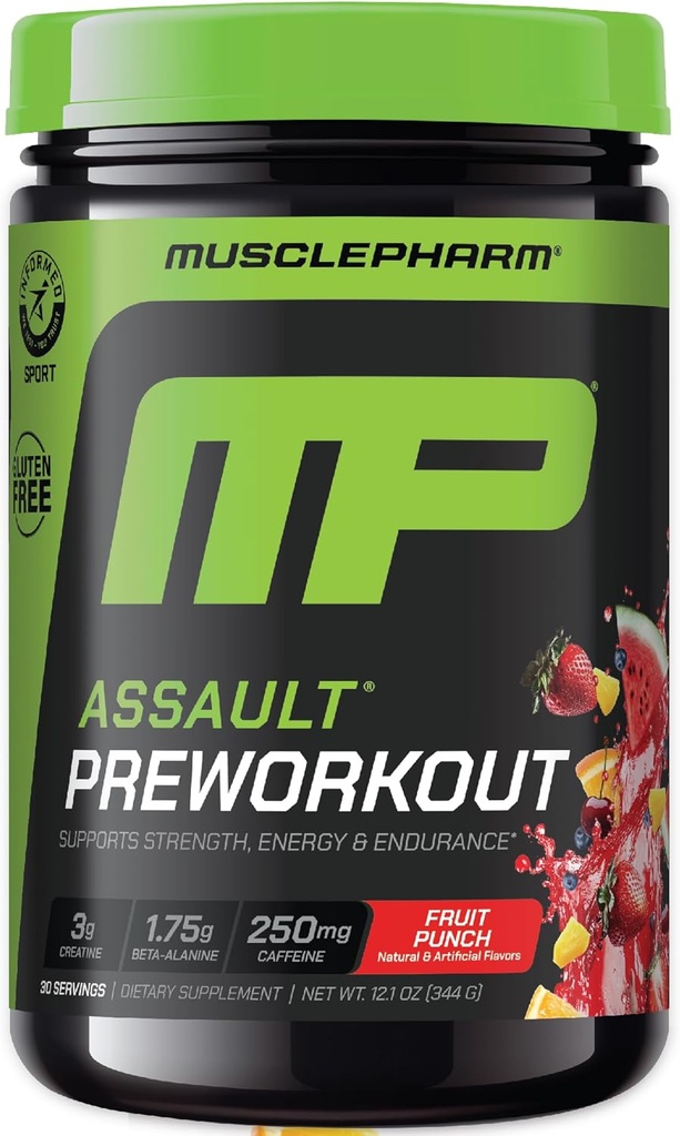 MusclePharm Assault Pre Workout Powder for Men & Women – Energy & Strength Boost Pre-Workout Supplements with Beta Alanine, Caffeine, Creatine & Betaine Anhydrous – 30 Servings, Fruit Punch Flavor