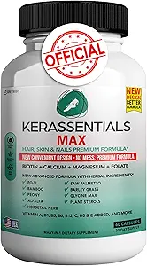 Kerassentials Max - 髪, 皮膚 & ネイルサポートサプリメント | ビオチン, カルシウム, マグネシウム, フォーレート & ハーブブレンド | プレミアムフォーミュラ | 60カプセル, 完全菜食主義者の & グルテンフリー