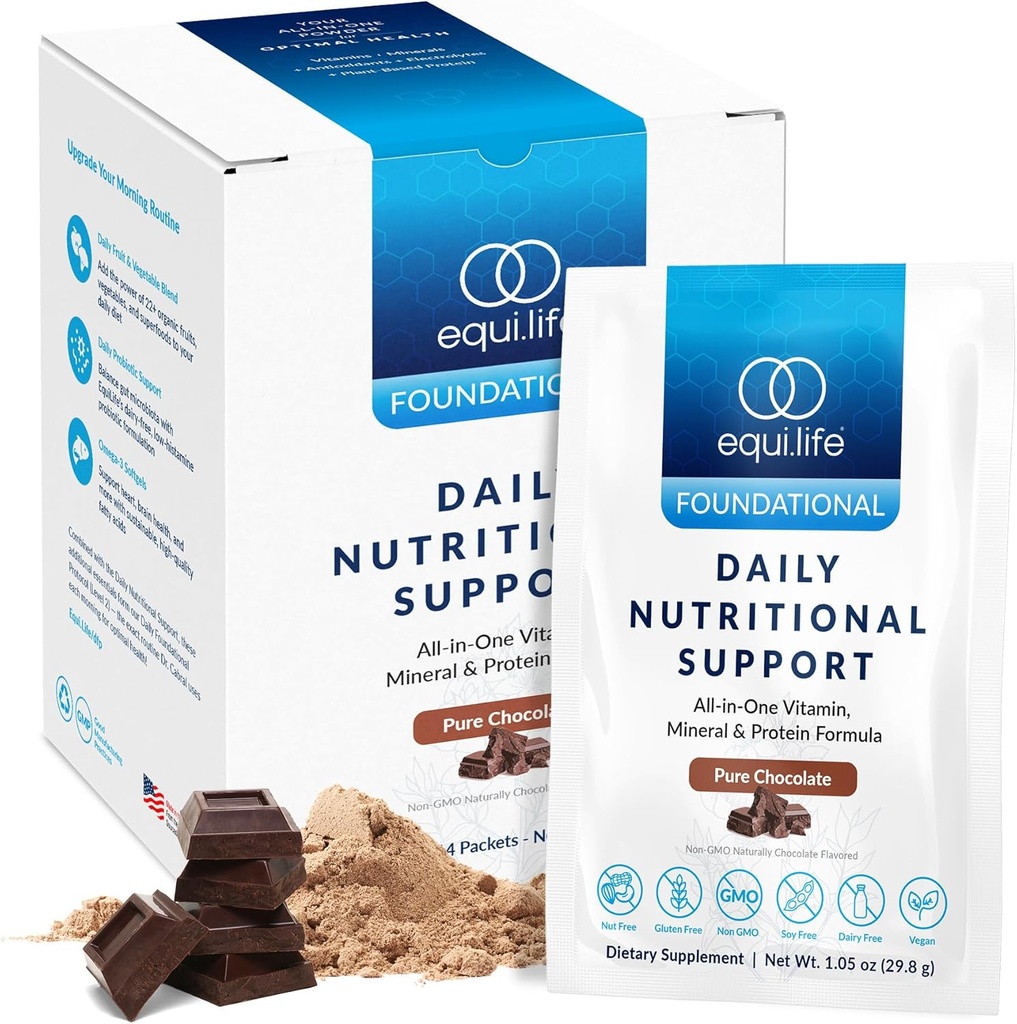 Equilife Daily Nutritional Support, All-in-One Multivitamin Meal Replacement, Pure Chocolate Flavor, 15G Plant Protein, Supports Overall Wellness Including Energy, Digestion, & Skin, 14 Packets