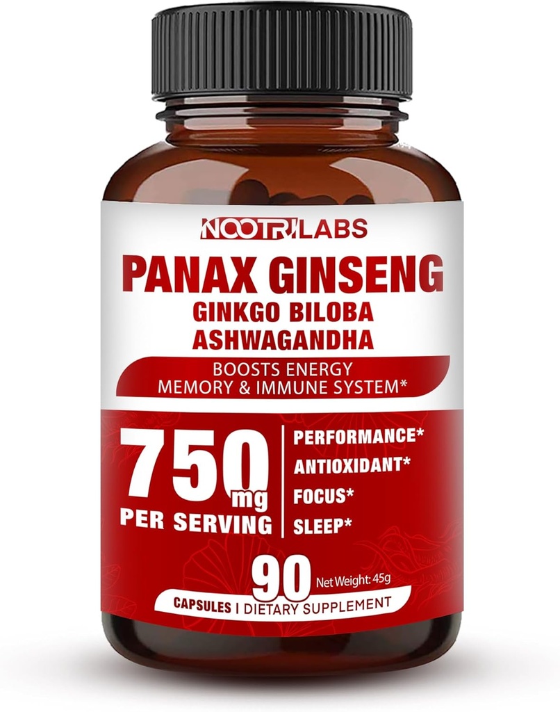 韓国の赤のPanaxのGinseng 750mgはGinkgoのBilobaおよびAshwagandha、ブーストのエネルギー、記憶および免疫システム-人のための焦点の補足の丸薬および女性、90のビーガン カプセルを吸収します