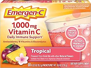 Emergen-C 1000mgビタミンCパウダー、抗酸化剤、ビタミンB、電解液、ビタミンCサプリメント免疫サポート、カフェインフリーフィジードリンクミックス、トロピカルフレーバー - 30カウント/1ヶ月の供給
