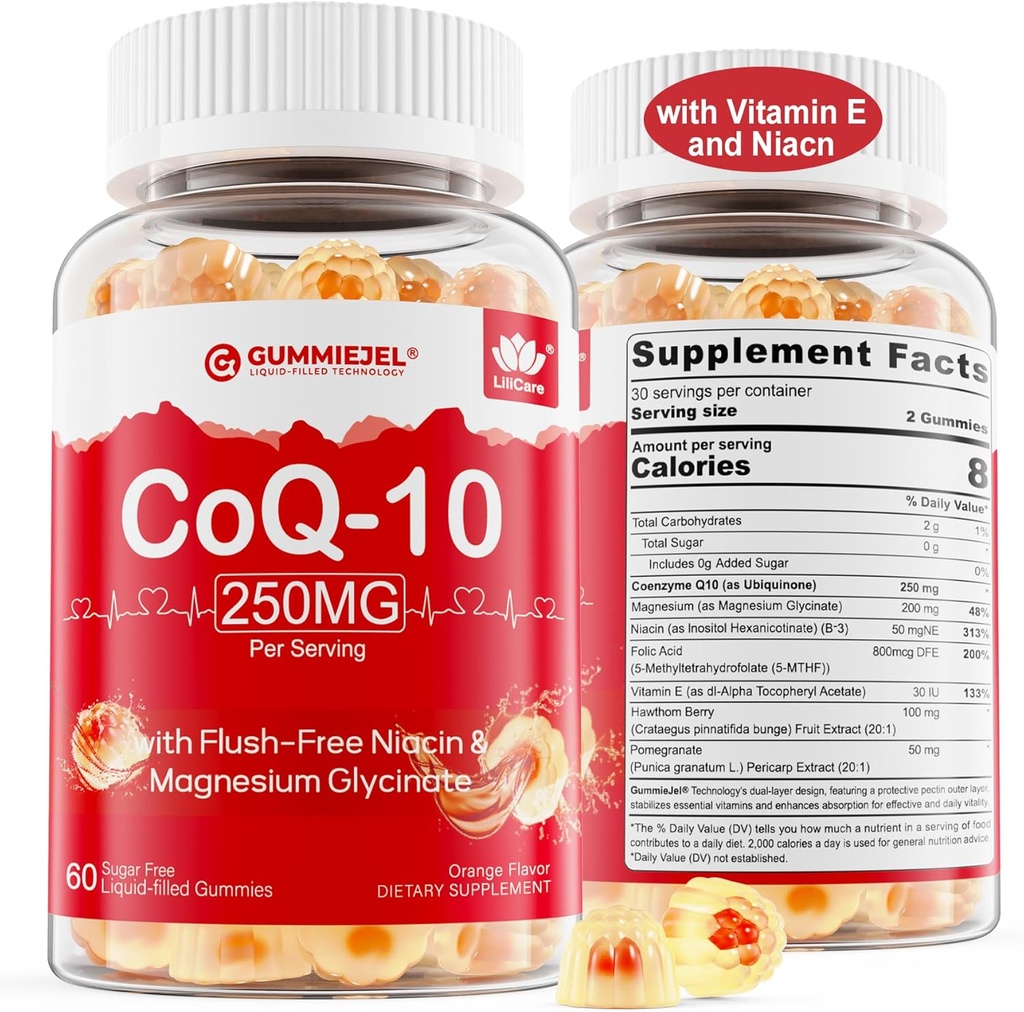 砂糖の自由なCoQ10はGmmies 250MG、Coenzyme Q10 w/Magnesium Glycinate、ナイアシンのフラッシュ ビタミンB3、E及び葉酸、HEAのための高い吸収のCoQ10、細胞エネルギー及び酸化防止を満たしました