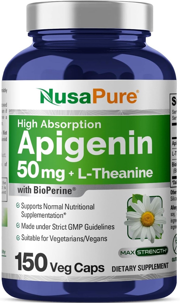 NusaPureアピゲニン50mg&L-テアニン200mg、150ベジーカプセル、バイオペリン(非GMO、グルテンフリー)
