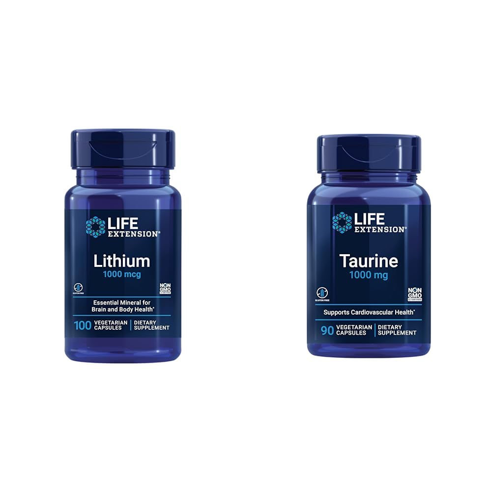 ライフエクステンションリチウム1000 mcgとタウリン1000 mg - 脳の健康、アンチエイジング、長寿、記憶、認知、気分、心、肝臓、筋肉、運動サポート - 100カウント