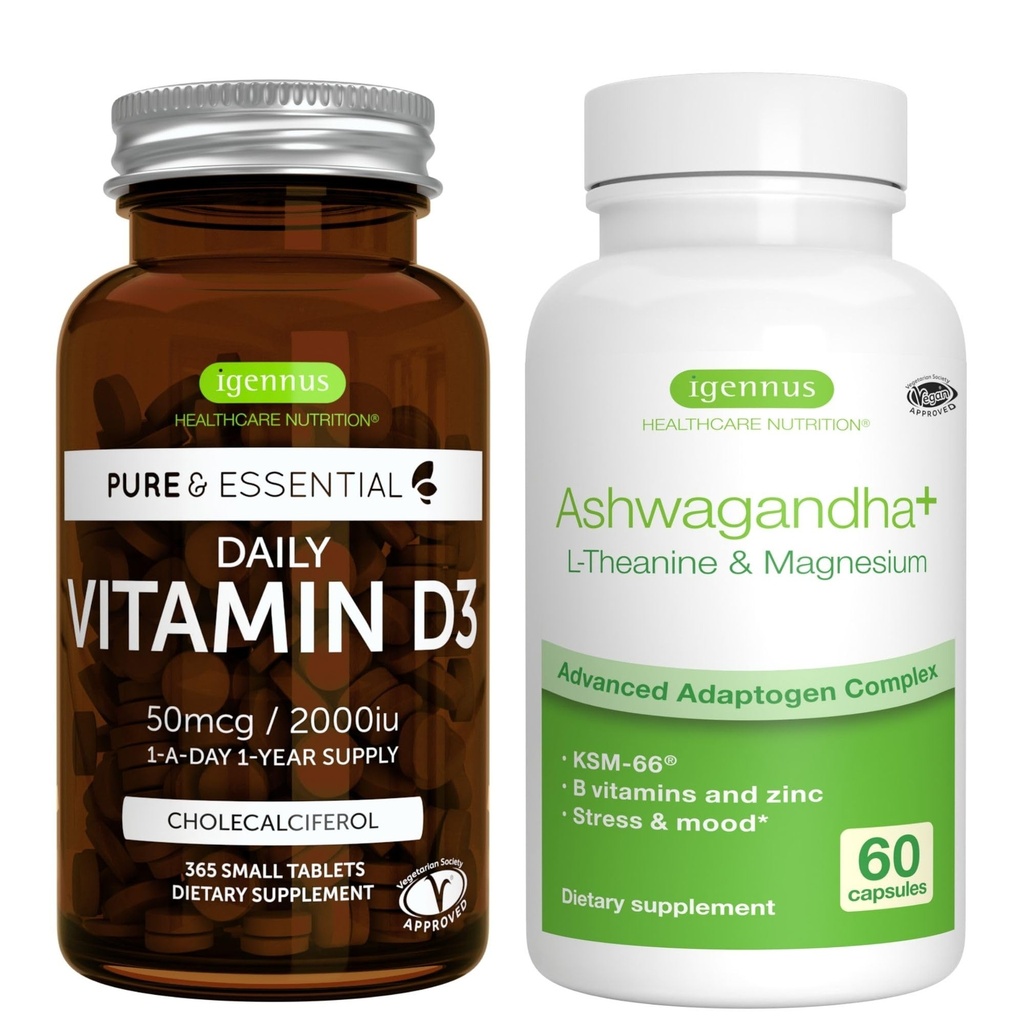 毎日のビタミンD3 + Ashwagandha + L-テアニン&マグネシウムベジタリアンバンドル、365 2000iuビタミンD3錠+ 600mg KSM-66アシュワガンダと亜鉛&ビタミンB、Igennus