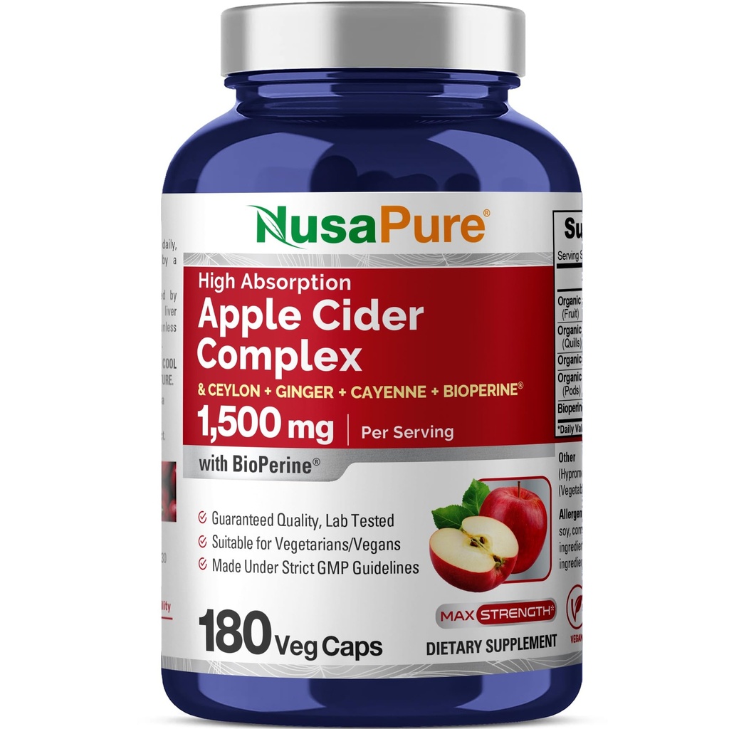 ヌサピュアアップルサイダー酢コンプレックス 1500 mg 180 菜食主義者やビーガンに適したベジーキャップ, 非GMO