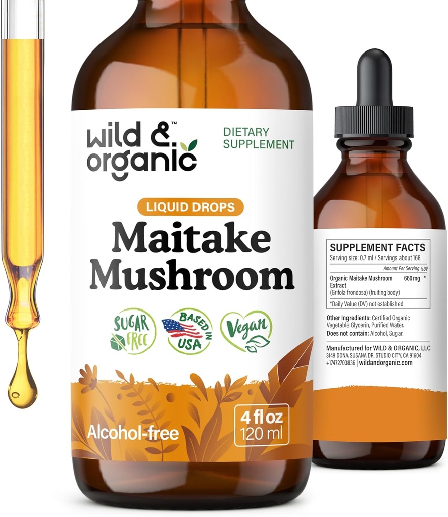 Wild & Organic Maitake Mushroom Tincture - Immune Support Supplement - Liquid Maitake Mushroom Extract - Vegan, Sugar & Alcohol-Free Drops - 4 fl oz