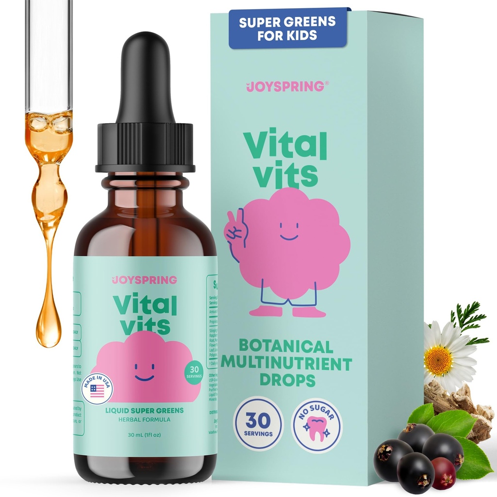 JoySpring Vital Vits - キッズ液マルチビタミン - 1 fl oz(30 サービング) | 子供のためのハーブ液ビタミン | 天然香料 | エルダーベリー、スピルリナとトドルマーマルチビタミン
