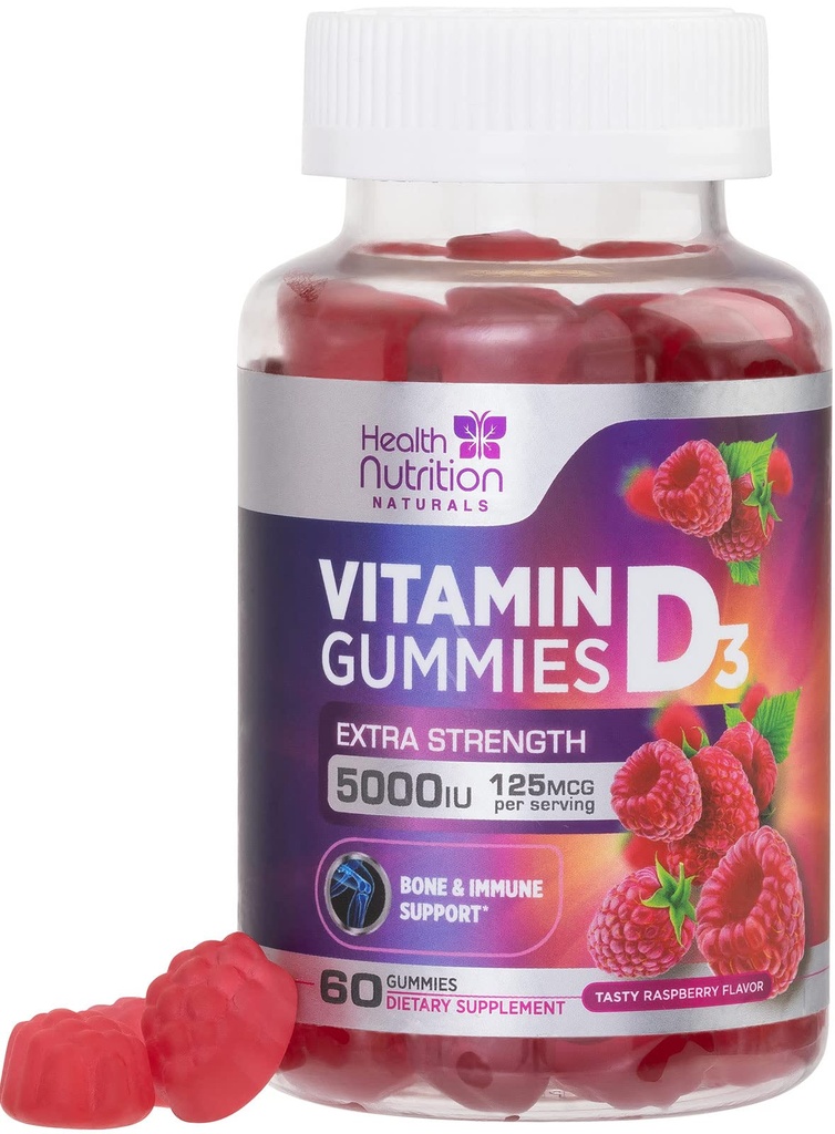 ビタミンD3グミー5000 IU(125 mcg) - トリプル強度骨と免疫サポート、ビタミンDギミーサプリメント、自然のベリーDビタミンサプリメント、ラズベリー風味、非GMO - 60グミ