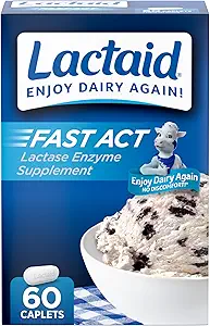 Lactaid Fast Act Lactose Intolerance Relief Caplets, Lactase Enzyme to Prevent Gas, Bloating and Diarrhea Due to Lactose Sensitivity, Single-Serve Supplements for Travel and On-The-Go, 60 Count