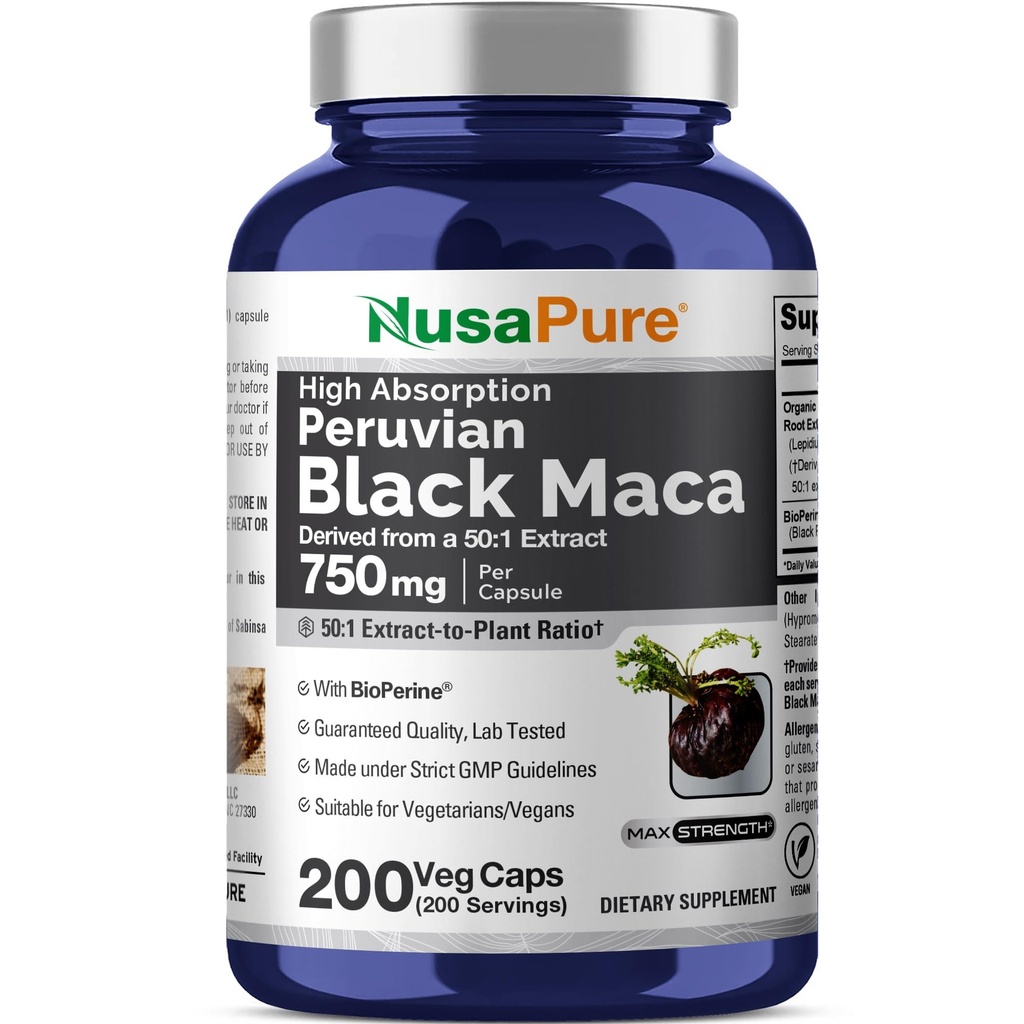 NusaPureブラックマカルート50:1抽出物、750mgは、キャップ当たり37,500mg 200ベジー相当(Vegan、非GMO)