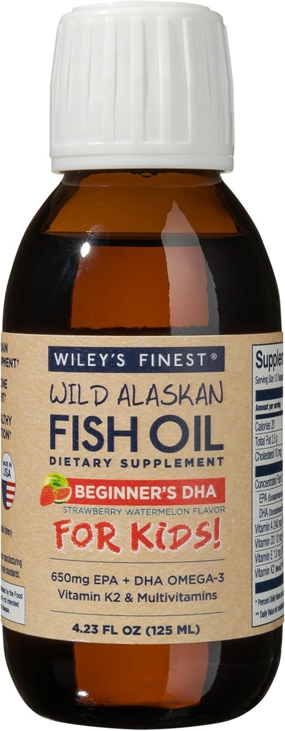 Wiley's Finest Wild Alaskan初心者のDHA - 子供のための液体魚油サプリメント 年齢1とアップ - 650mgのEPAとDHAオメガ-3s - イチゴのスイカフレーバー - 4.23 Oz(50のサービング)