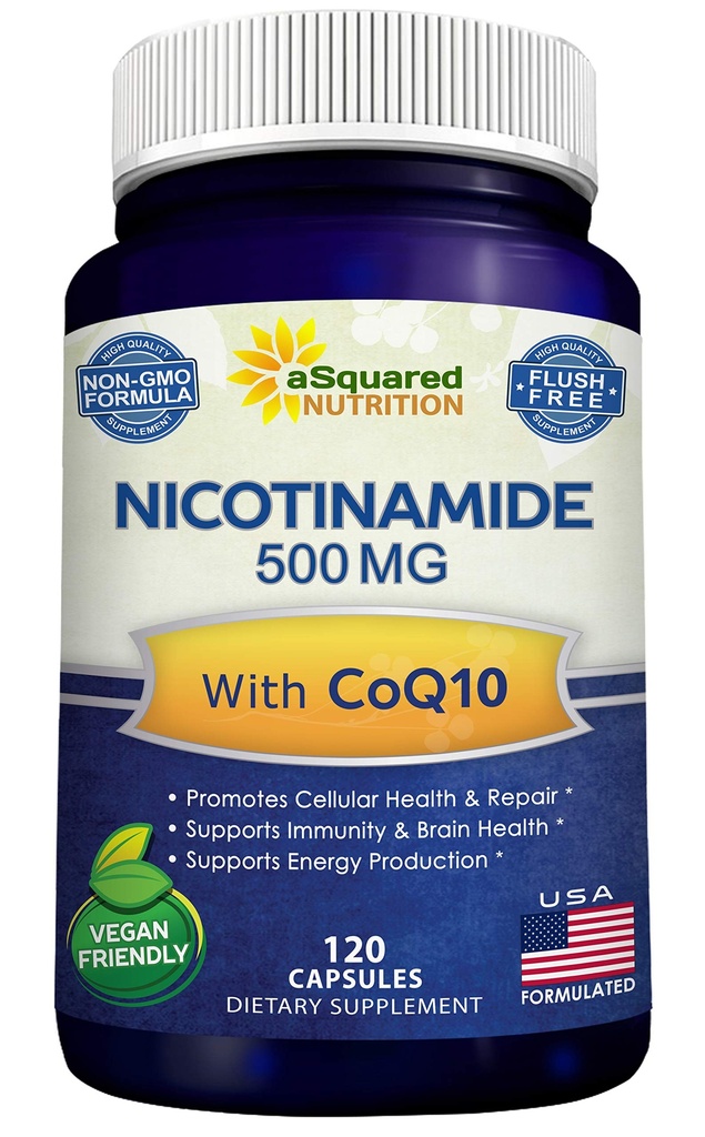 CoQ10(120カプセル)のニコチンアミド - ビタミンB3 500mg(ナイアシンアミドフラッシュフリー) - Coenzyme Q10パウダー - エネルギー、NAD、および皮膚細胞の健康をサポートするVIT B-3&Coq 10サプリメントピル