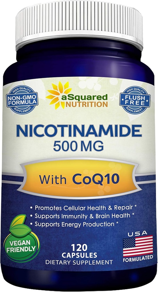 CoQ10(120カプセル)のニコチンアミド - ビタミンB3 500mg(ナイアシンアミドフラッシュフリー) - Coenzyme Q10パウダー - エネルギー、NAD、および皮膚細胞の健康をサポートするVIT B-3&Coq 10サプリメントピル