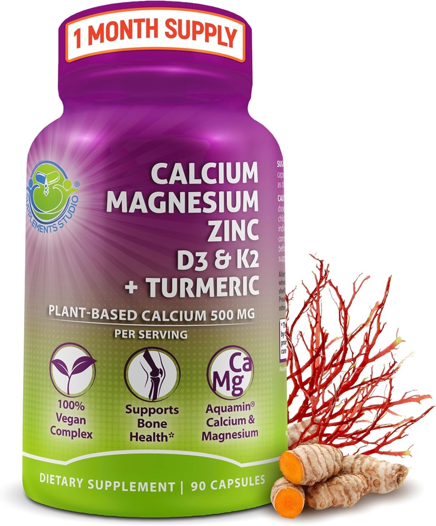 Plant-Based Calcium 500mg (Aquamin) – Vegan Calcium Magnesium Zinc D3 with Vitamin K2 & Organic Turmeric – Enhanced Bone and Muscle Health & Strength, Immune Support for Women & Men - 90 Count