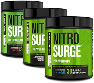 Jacked Factory NITROSURGE Pre Workout Supplement - Endless Energy, Instant Strength Gains, Clear Focus, Intense Pump | Cherry Limeade, Blue Raspberry, Arctic White (90 Servings)