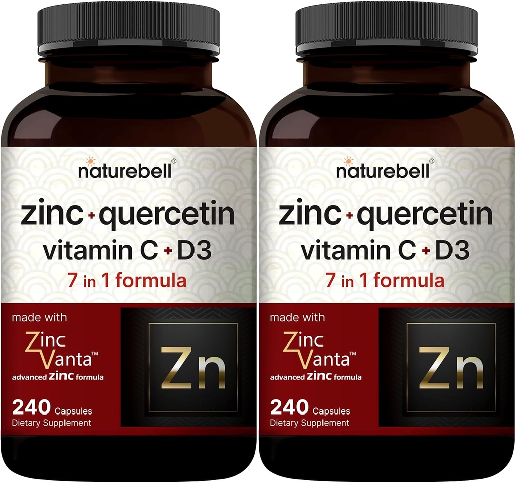 NatureBell亜鉛ケルセチンとビタミンC&D3、480カプセル(2パック) | Quercetin 1,000mg +亜鉛50mg +ビタミンC 250mg +ビタミンD3 5,000 IU | 4-in-1 高度な免疫&肺サポート | 亜鉛Vanta式