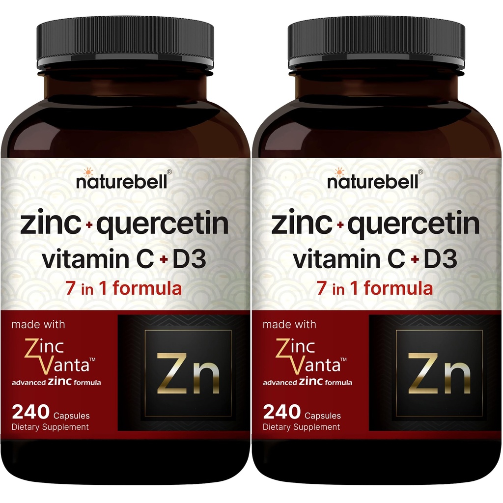 NatureBell亜鉛ケルセチンとビタミンC&D3、480カプセル(2パック) | Quercetin 1,000mg +亜鉛50mg +ビタミンC 250mg +ビタミンD3 5,000 IU | 4-in-1 高度な免疫&肺サポート | 亜鉛Vanta式