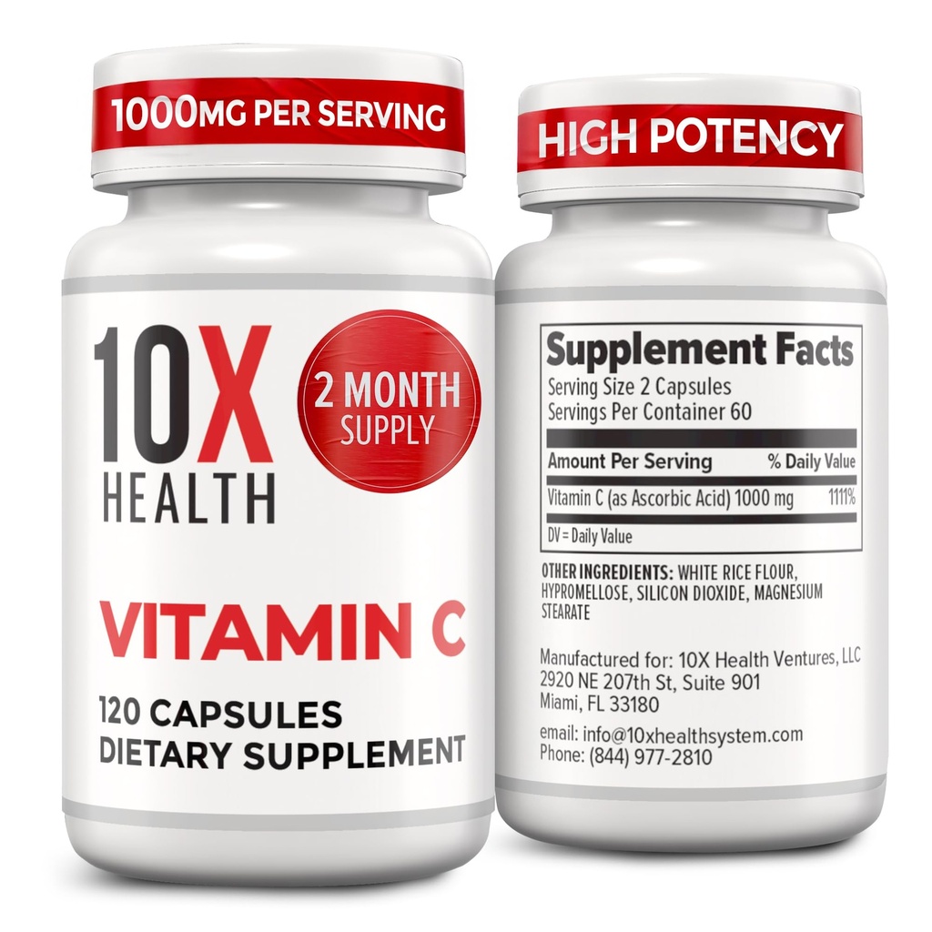 10X 健康のビタミン C 1000mg - 120 カプセルのビタミン C、免疫、酸化防止保護、大人のためのコラーゲン及びティッシュ サポートのための高い線量のアスコルビン酸 -ビタミンC 1000 mg -非GMO、グルテンフリー