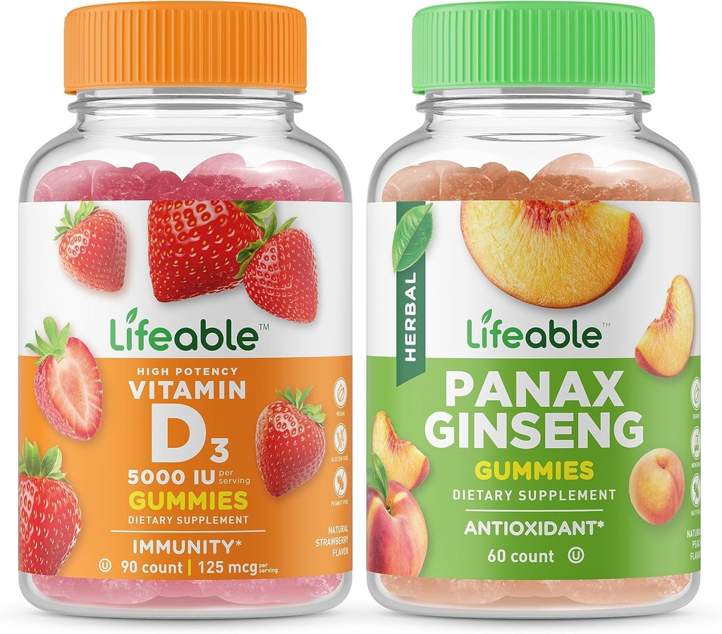 通気性のビタミンD 5000 IU + Panax Ginseng、グミーズバンドル - 偉大なテイスティング、ビタミンサプリメント、グルテンフリー、GMOフリー、Chewable Gummy