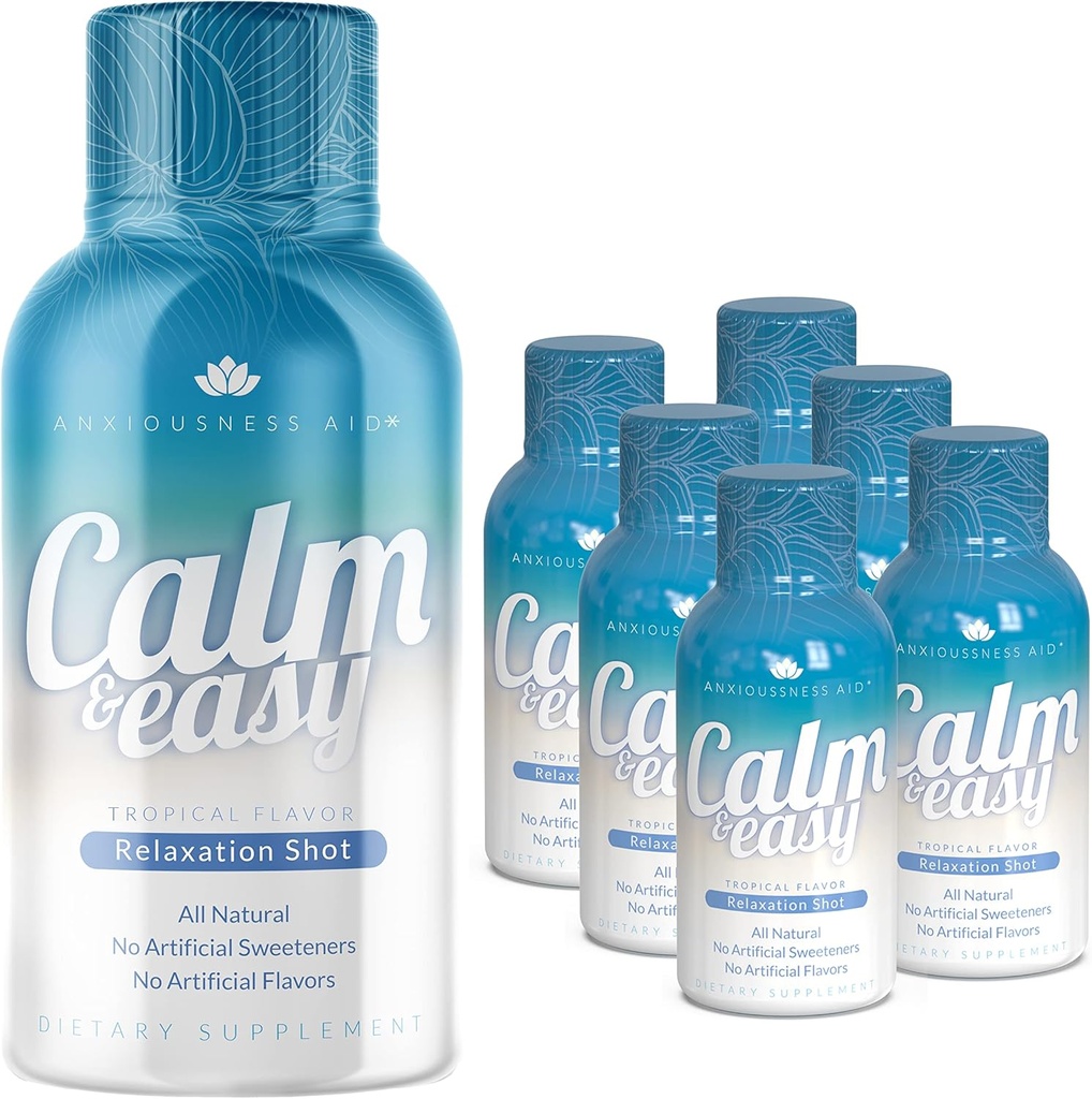 Calm & Easy - Natural Stress Relief Shot, KSM-66 Ashwagandha, Suntheanine L Theanine, Calming Adaptogen Drink, Relaxation, Focus, and Mood | 2 oz Liquid Bottle (6 Pack)