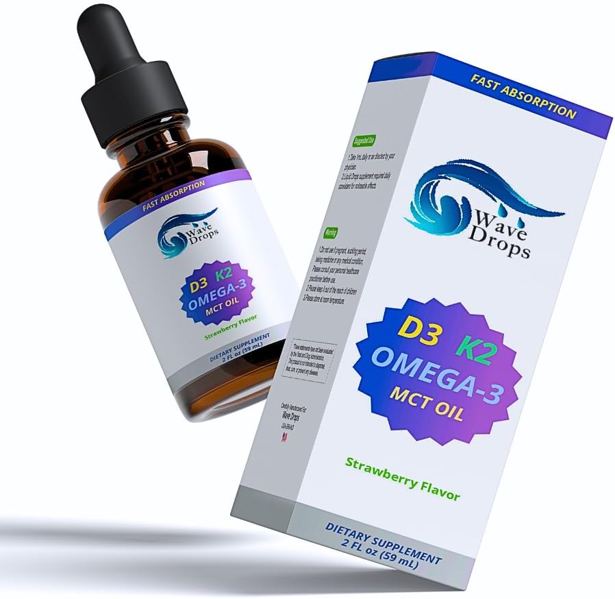 最高の強さのビタミンD3及びK2 + MCT オイル&オメガ3:免疫システム、脳機能&エネルギー(フィラーなし、非GMO、2 Fl Oz)の液体ドロップ